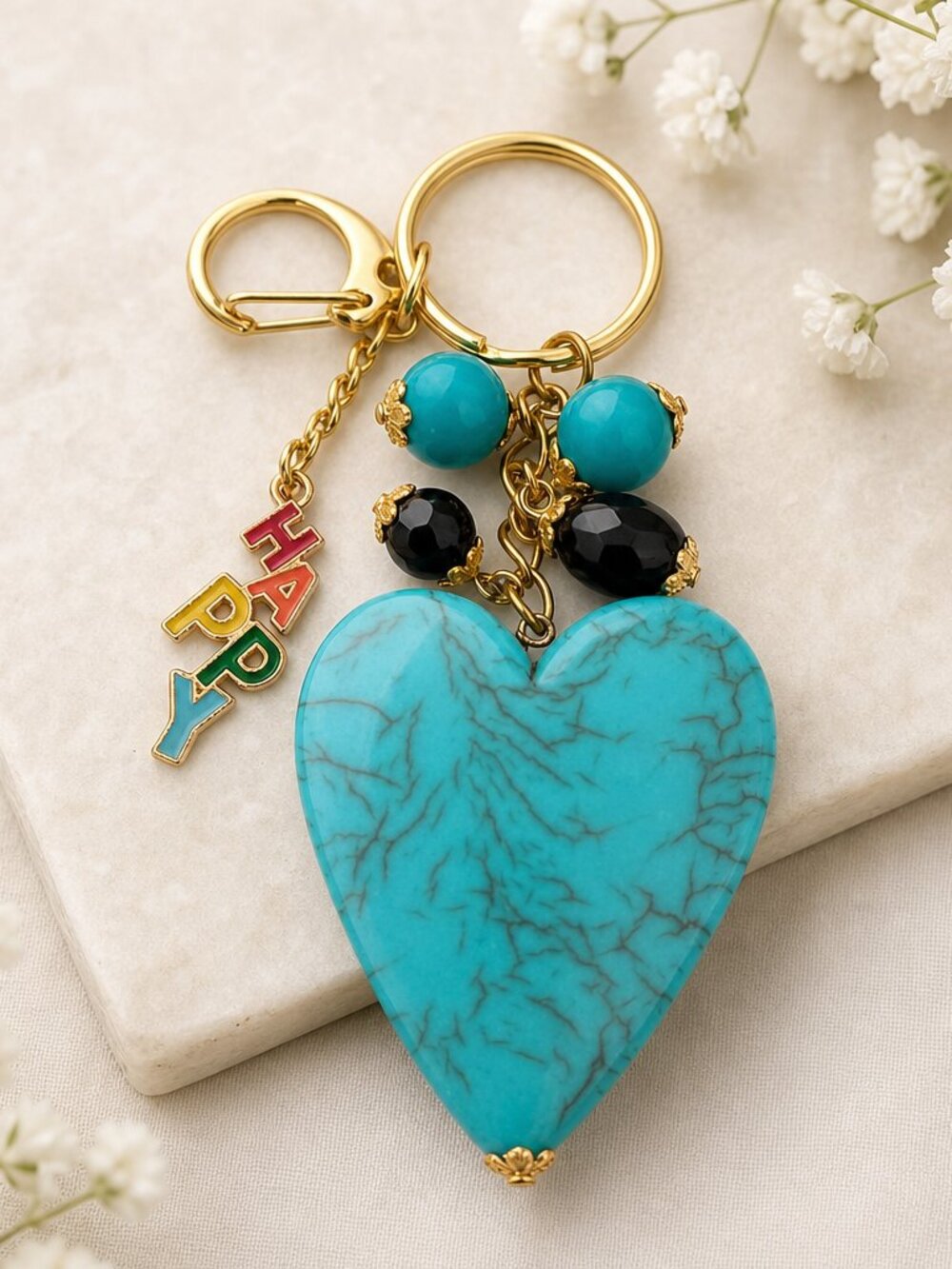 Turquoise Heart Keychain with Beads and HAPPY Charm